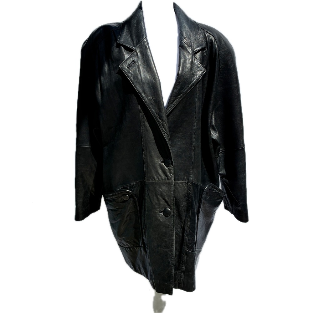 Brandon Thomas Vintage Black Leather Blazer Jacket Large Button Front Mid Length